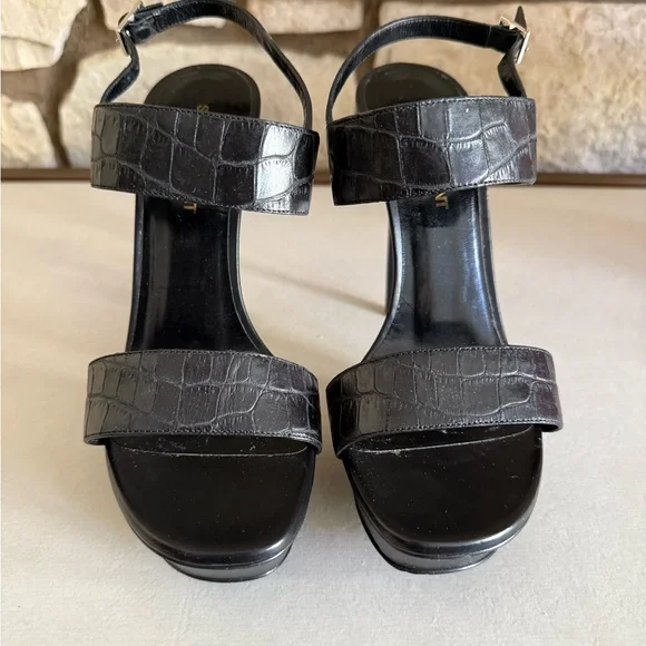Black Croc-Embossed Leather Women's Sandals - Picture 2 of 12